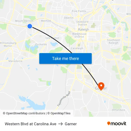 Western Blvd at Carolina Ave to Garner map