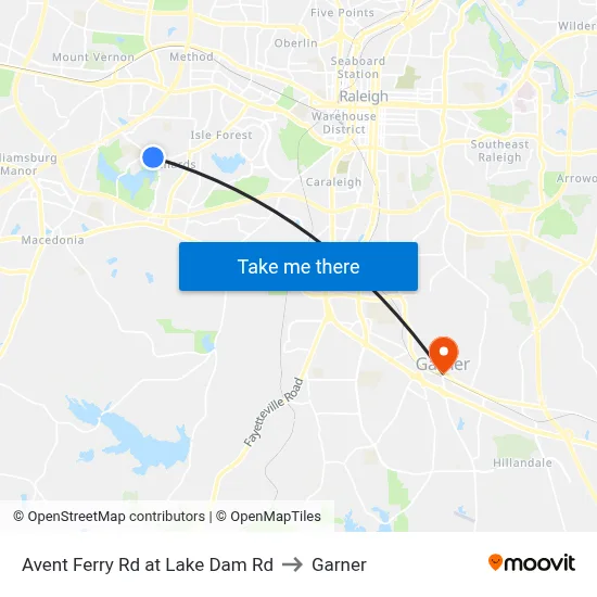 Avent Ferry Rd at Lake Dam Rd to Garner map