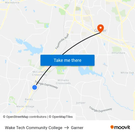 Wake Tech Community College to Garner map