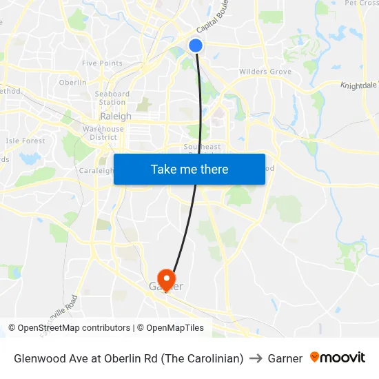 Glenwood Ave at Oberlin Rd (The Carolinian) to Garner map