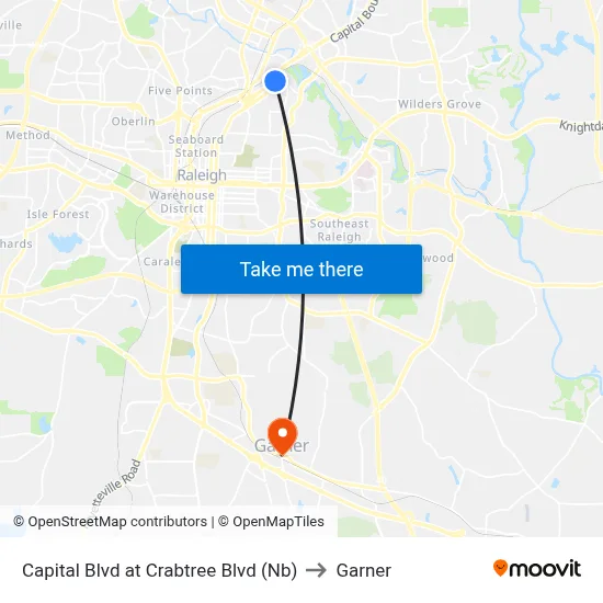 Capital Blvd at Crabtree Blvd (Nb) to Garner map