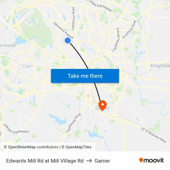 Edwards Mill Rd at Mill Village Rd to Garner map