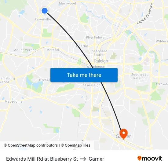 Edwards Mill Rd at Blueberry St to Garner map