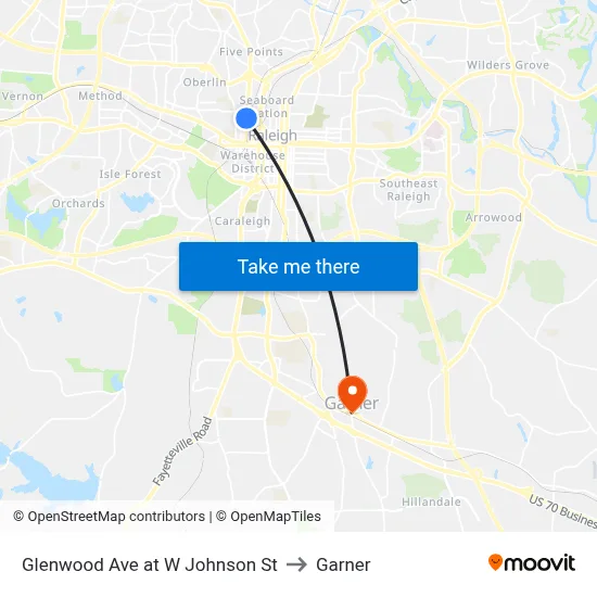 Glenwood Ave at W Johnson St to Garner map