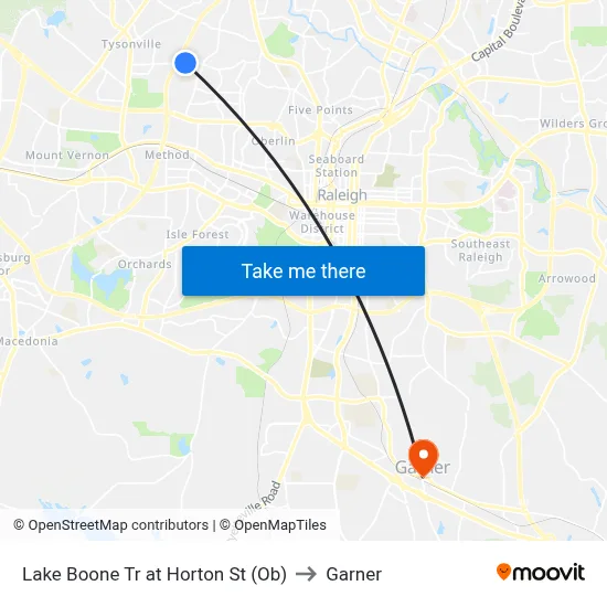 Lake Boone Tr at Horton St (Ob) to Garner map