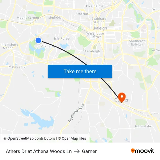 Athers Dr at Athena Woods Ln to Garner map