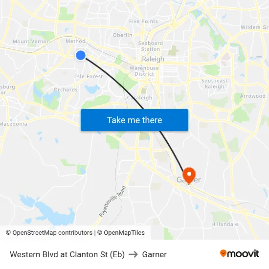 Western Blvd at Clanton St (Eb) to Garner map