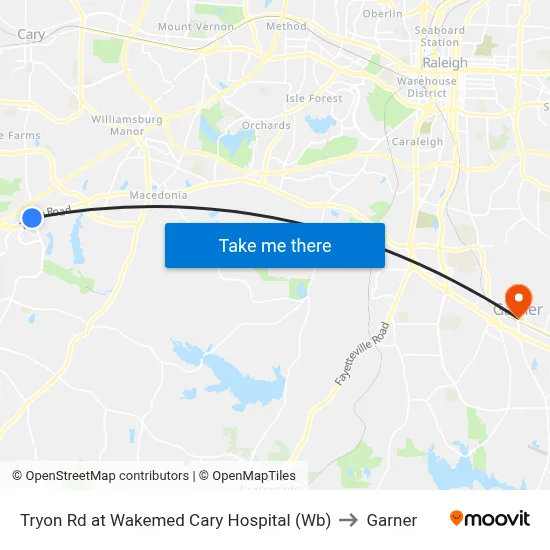 Tryon Rd at Wakemed Cary Hospital (Wb) to Garner map