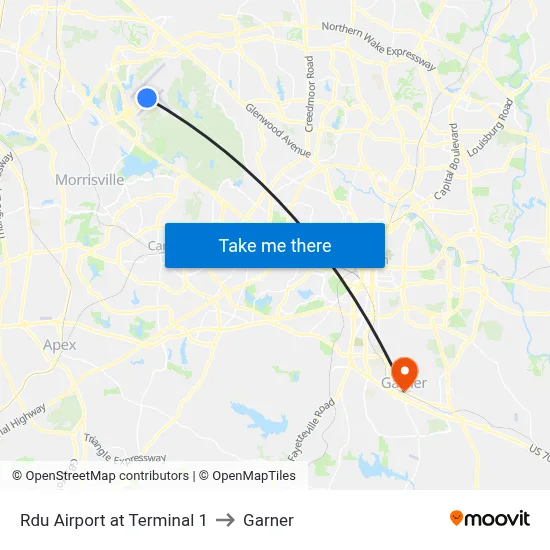 Rdu Airport at Terminal 1 to Garner map