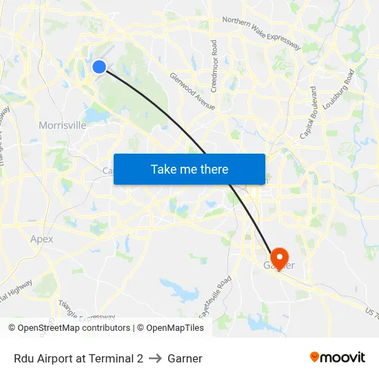 Rdu Airport at Terminal 2 to Garner map