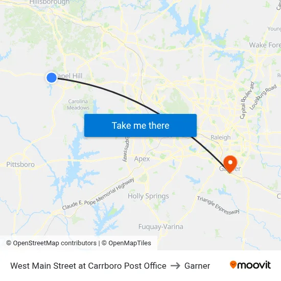 West Main Street at Carrboro Post Office to Garner map