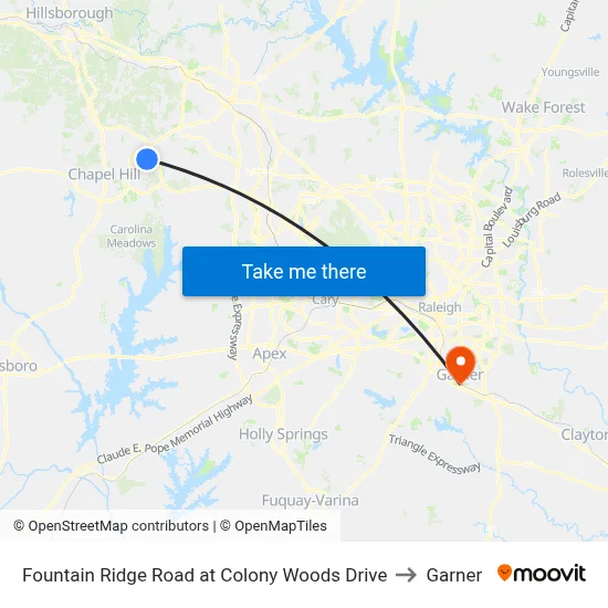 Fountain Ridge Road at Colony Woods Drive to Garner map