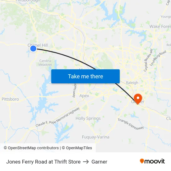 Jones Ferry Road at Thrift Store to Garner map
