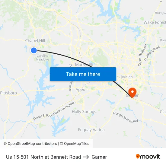 Us 15-501 North at Bennett Road to Garner map