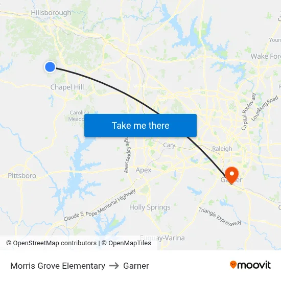 Morris Grove Elementary to Garner map