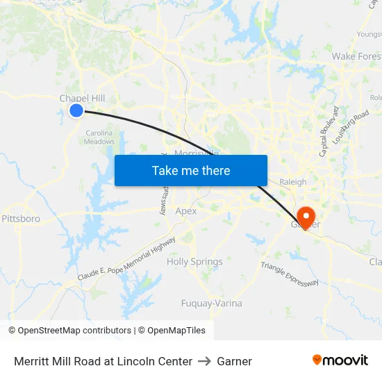 Merritt Mill Road at Lincoln Center to Garner map
