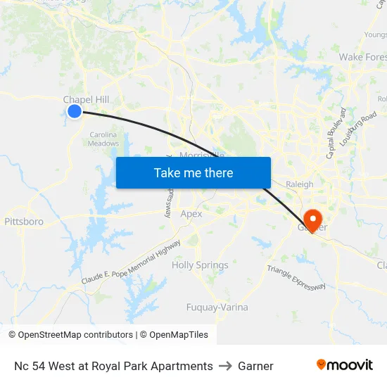 Nc 54 West at Royal Park Apartments to Garner map