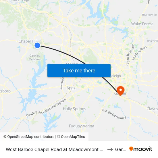 West Barbee Chapel Road at Meadowmont Village Circle to Garner map