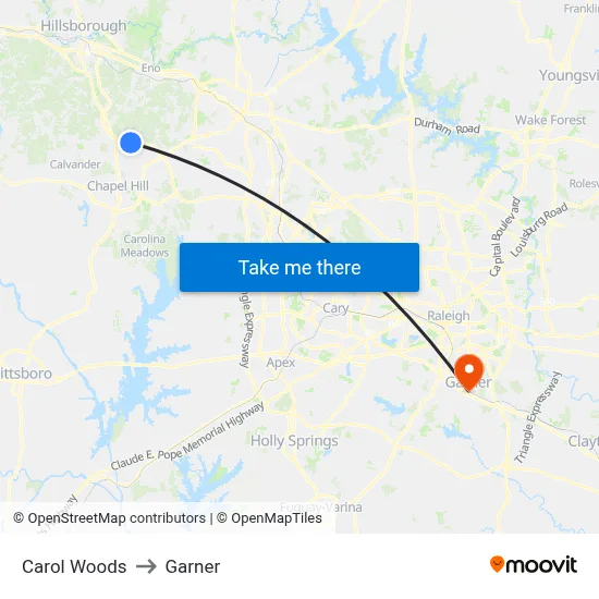 Carol Woods to Garner map
