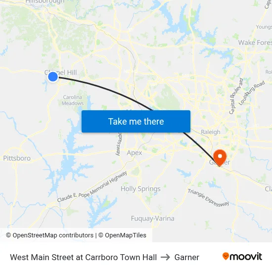 West Main Street at Carrboro Town Hall to Garner map