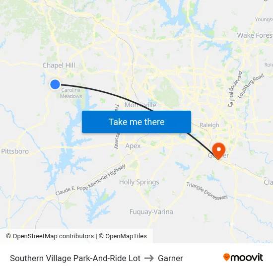 Southern Village Park-And-Ride Lot to Garner map