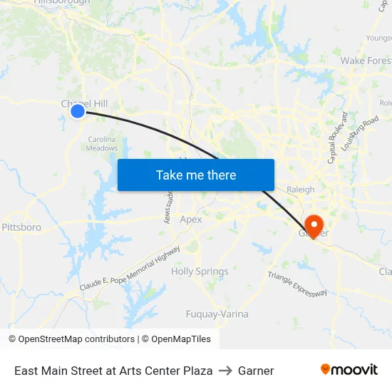 East Main Street at Arts Center Plaza to Garner map