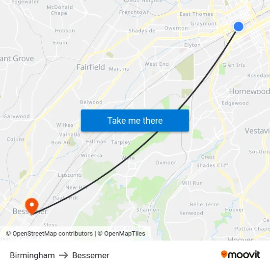 Birmingham to Bessemer map