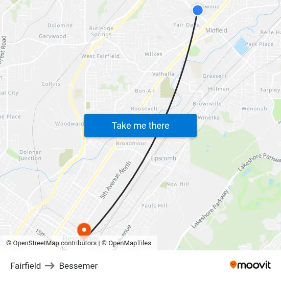 Fairfield to Bessemer map