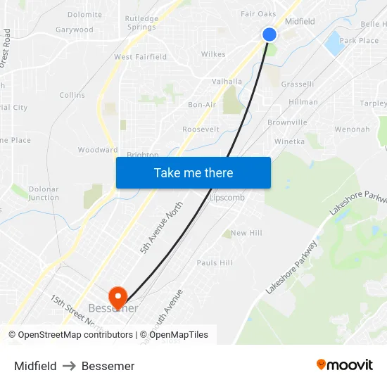 Midfield to Bessemer map