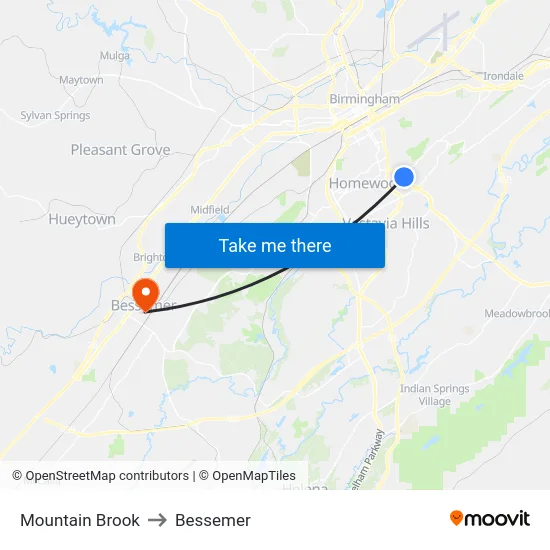 Mountain Brook to Bessemer map