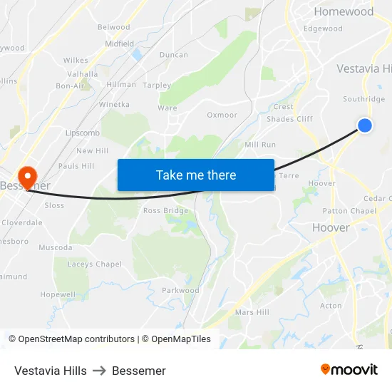 Vestavia Hills to Bessemer map