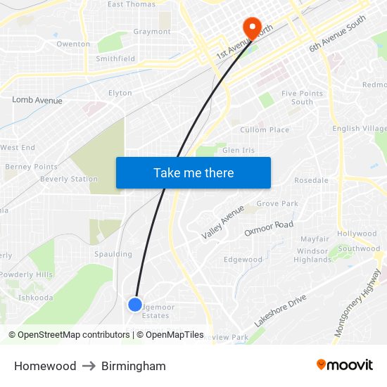 Homewood to Birmingham map
