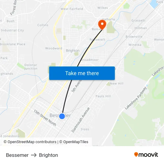Bessemer to Brighton map
