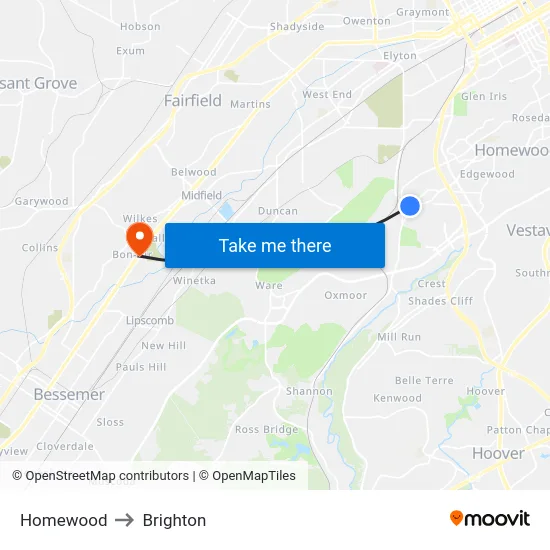 Homewood to Brighton map