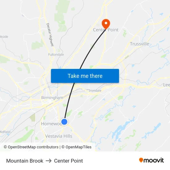 Mountain Brook to Center Point map