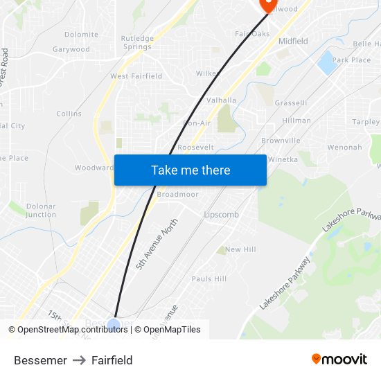 Bessemer to Fairfield map