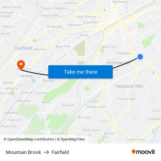 Mountain Brook to Fairfield map