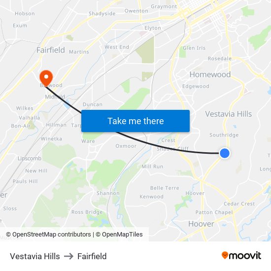 Vestavia Hills to Fairfield map