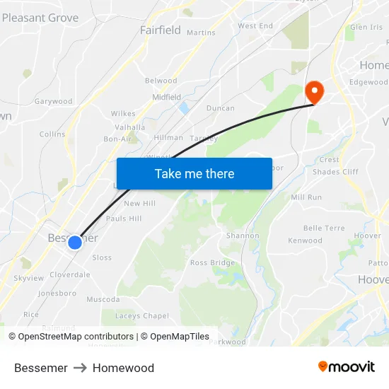 Bessemer to Homewood map
