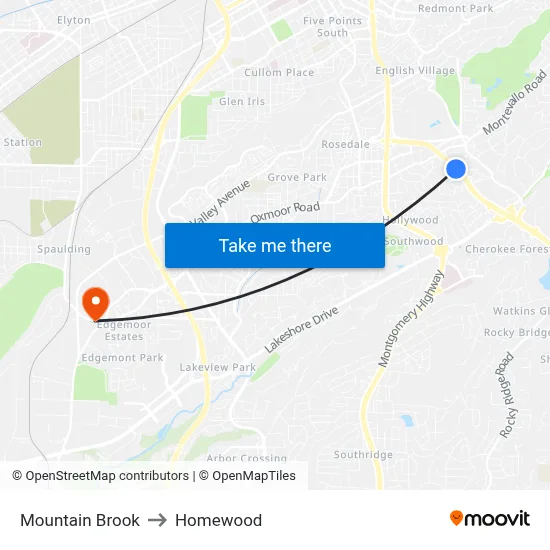 Mountain Brook to Homewood map