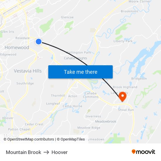 Mountain Brook to Hoover map