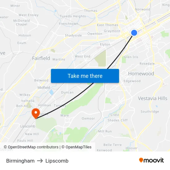 Birmingham to Lipscomb map