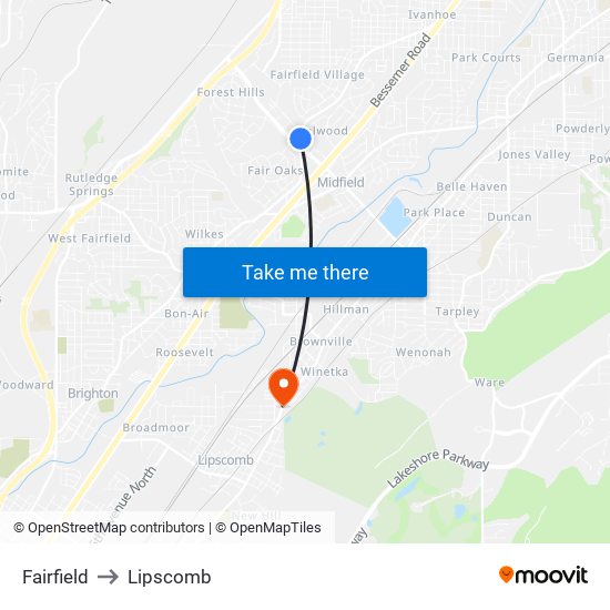 Fairfield to Lipscomb map