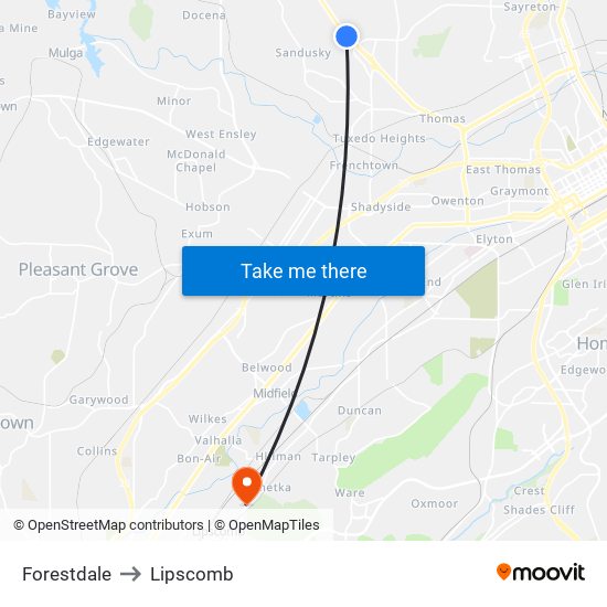 Forestdale to Lipscomb map