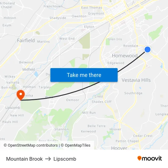 Mountain Brook to Lipscomb map