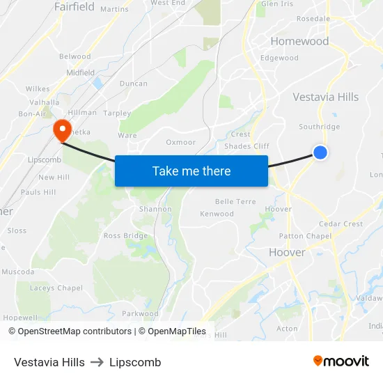 Vestavia Hills to Lipscomb map