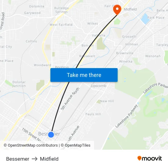 Bessemer to Midfield map