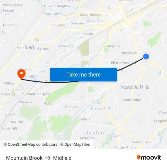 Mountain Brook to Midfield map