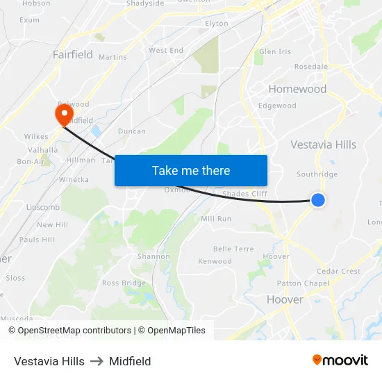 Vestavia Hills to Midfield map