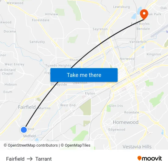 Fairfield to Tarrant map